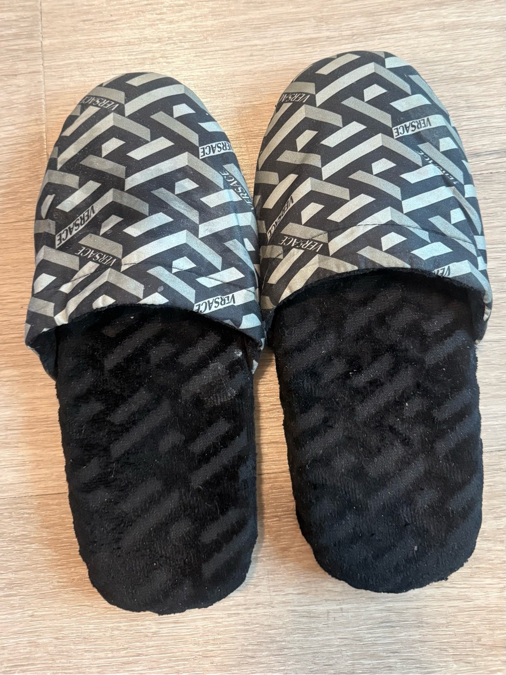 Versace Black & Gray Logo Plush Slip-On Slippers
